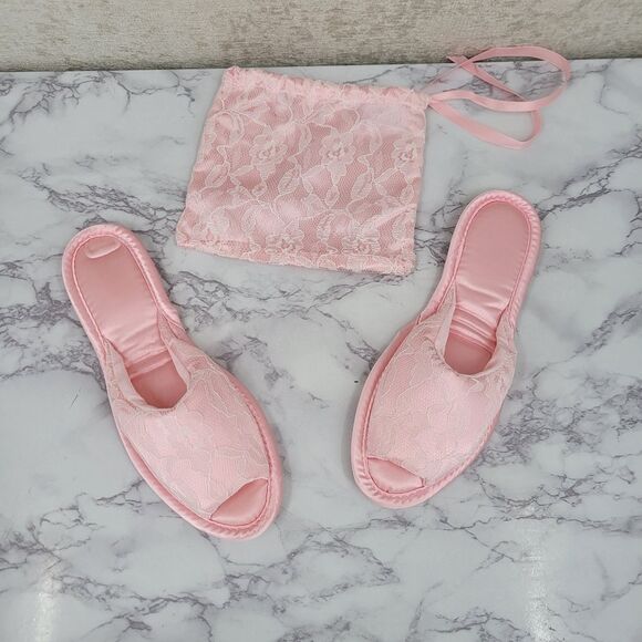 Vintage Pink Satin and Lace Women's House Slippers 60s Peep Toe - Picture 1 of 9